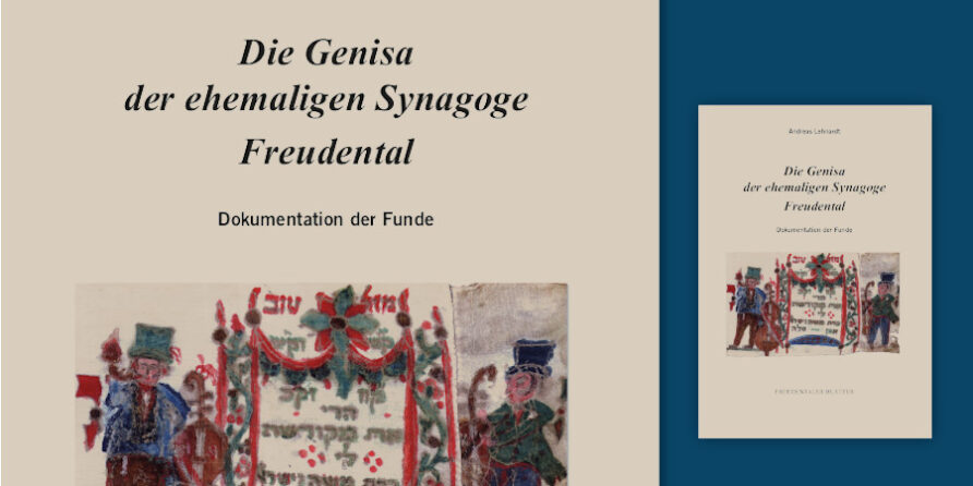 Buchcover „Die Genisa...Freudental“ mit Bild von Menschen und Schriftrolle auf blauem Grund.
