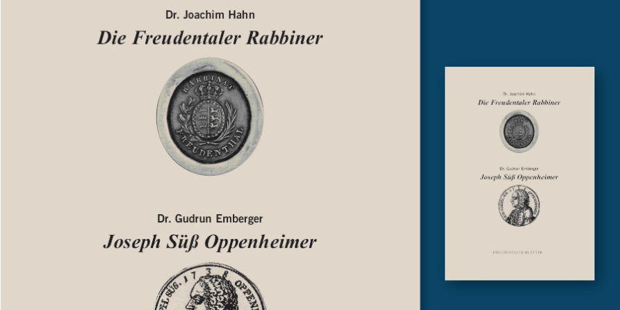 Buchcover zeigen Die Freudentaler Rabbiner mit Münze und Joseph Süß Oppenheimer mit Medaillon.