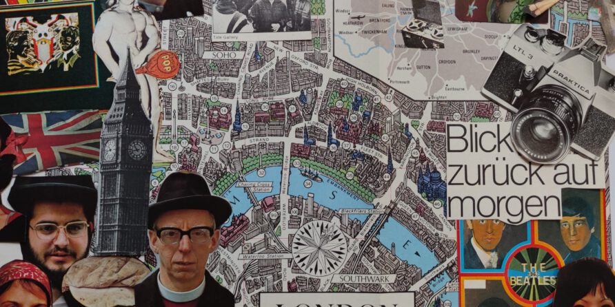 Collage mit London-Karte, Big Ben, Beatles, Vintage-Kameras und Text „Blick zurück auf morgen“.