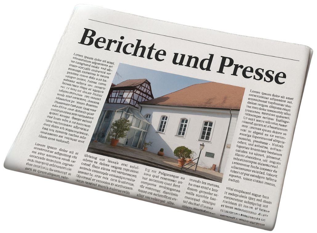 Titelseite einer Zeitung mit der Überschrift „Berichte und Presse“. Darunter ein Farbfoto des Pädagogisch-Kulturellen Centrums Freudental mit weißer Fassade, roten Dachziegeln und modernem Glasvorbau.