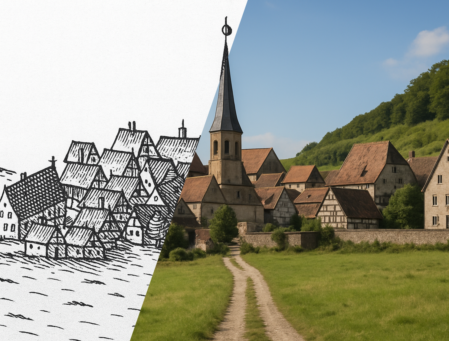 Geteilte Bildkomposition mit einer schwarz-weißen Zeichnung eines mittelalterlichen Dorfes links und einem Farbfoto desselben Orts rechts. Links: Fachwerkhäuser, Kirche, historische Darstellung. Rechts: moderne Fotografie mit realen Fachwerkhäusern, hoher Kirchturm, grüner Weg im Vordergrund, bewaldete Hügel im Hintergrund. Die Perspektiven ähneln sich, wodurch der Wandel vom gezeichneten Bild zur heutigen Realität sichtbar wird.