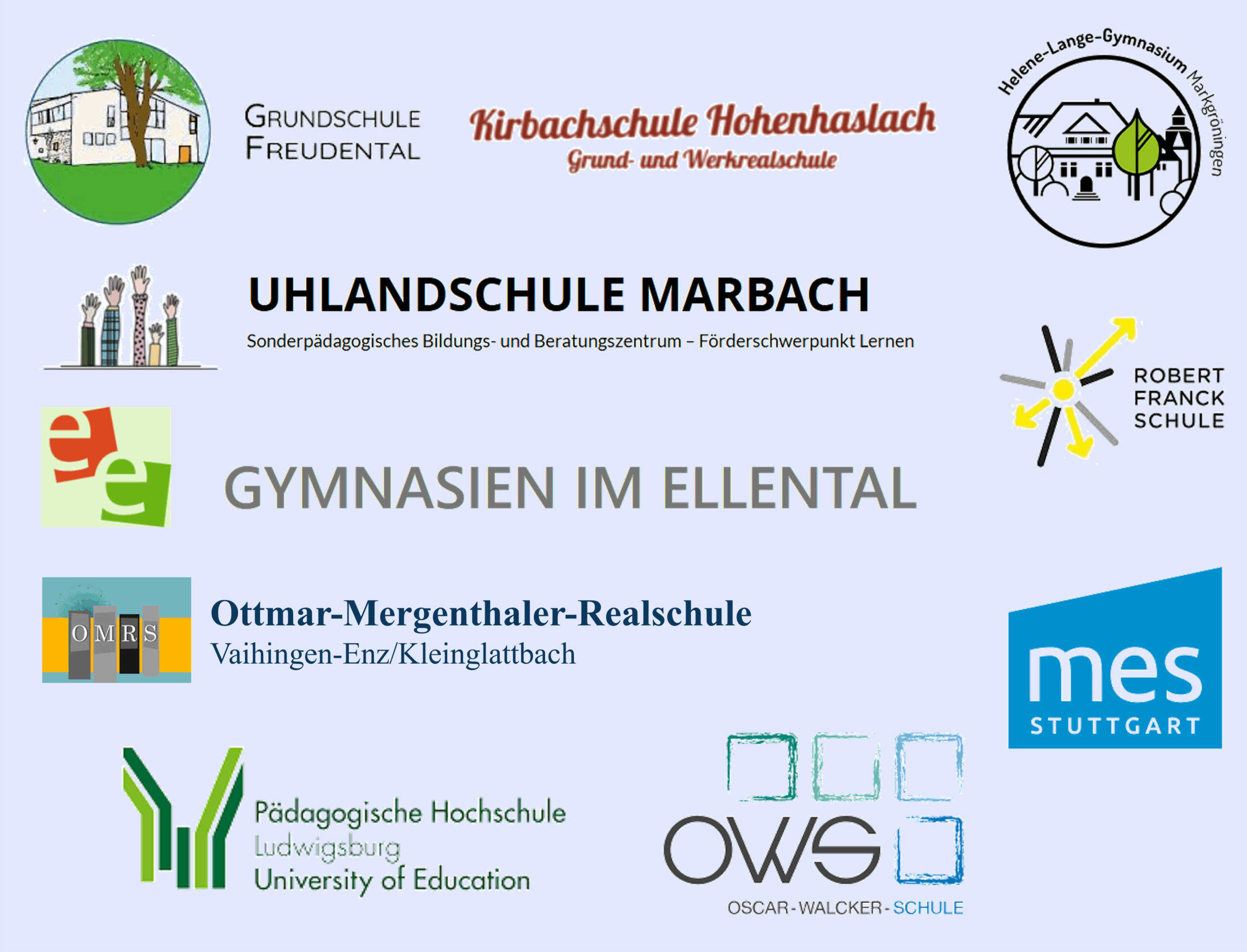 Collage mit Logos und Namen deutscher Schulen wie Grundschule Freudental, auf hellgrauem Hintergrund.