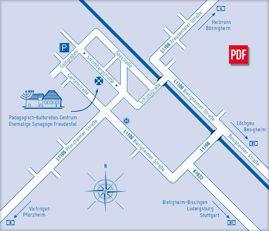 Blau-weiße Karte von Freudental mit Straßen, Parkplätzen, Sehenswürdigkeiten und Windrose unten.